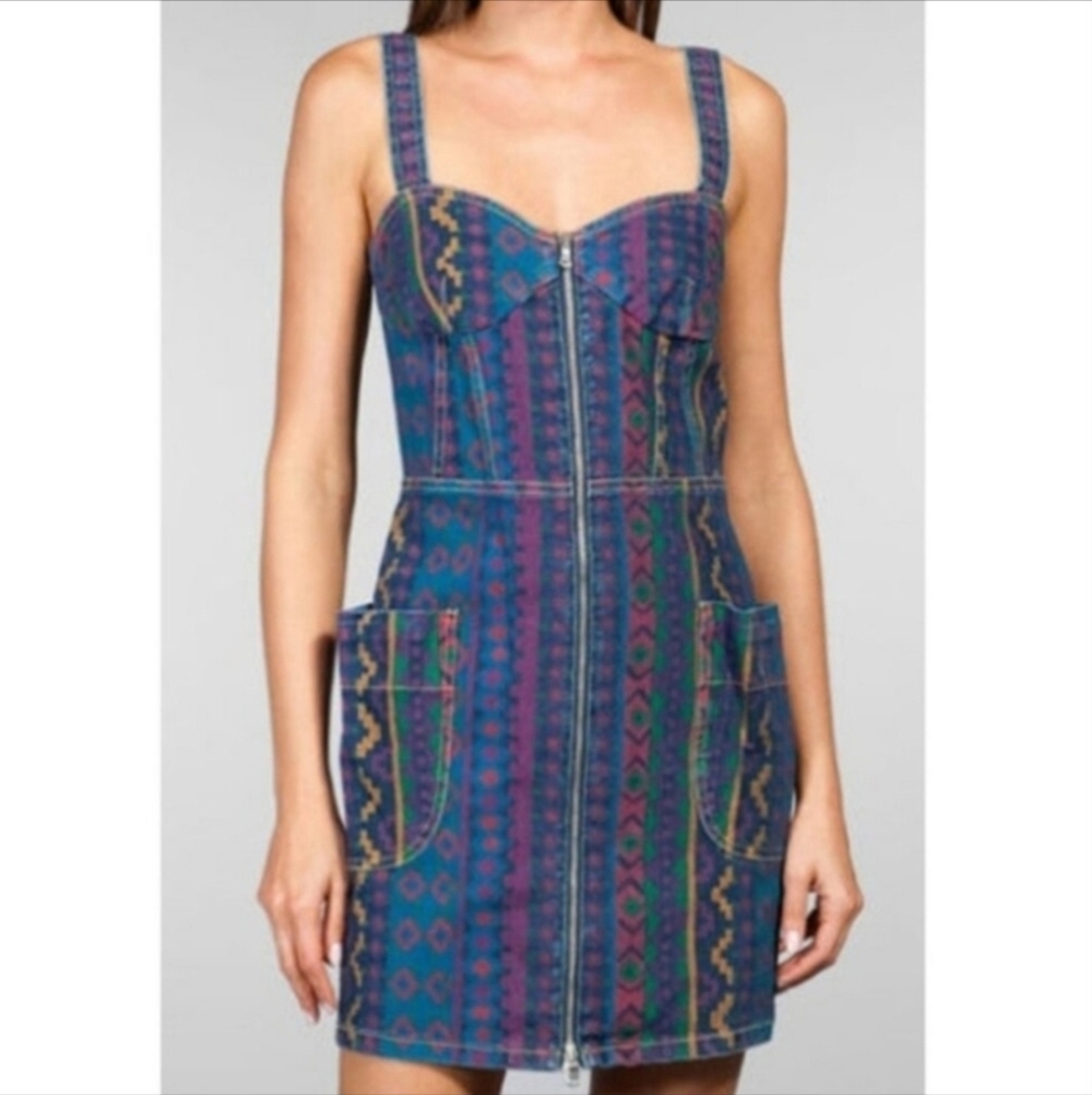 Marc By Marc Jacobs Overall Aztec Colorful Printed Denim Zip Up Mini Dress Sz 8